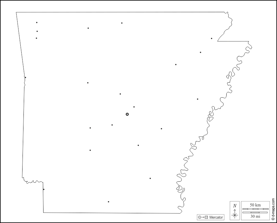 Arkansas : d-maps.com: mappa gratuita, mappa muta gratuita, cartina muta gratuita : contorni, principali città, bianco