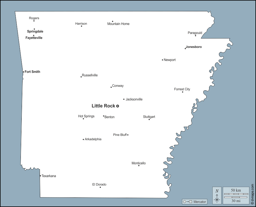 Arkansas : d-maps.com: mappa gratuita, mappa muta gratuita, cartina muta gratuita : contorni, principali città, nomi