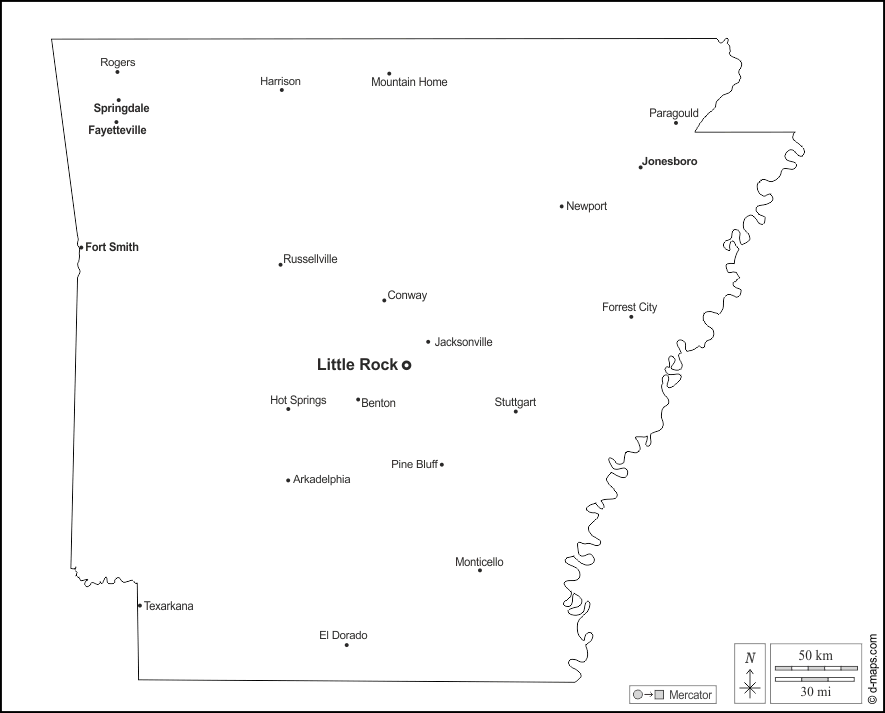 Arkansas : d-maps.com: mappa gratuita, mappa muta gratuita, cartina muta gratuita : contorni, principali città, nomi, bianco