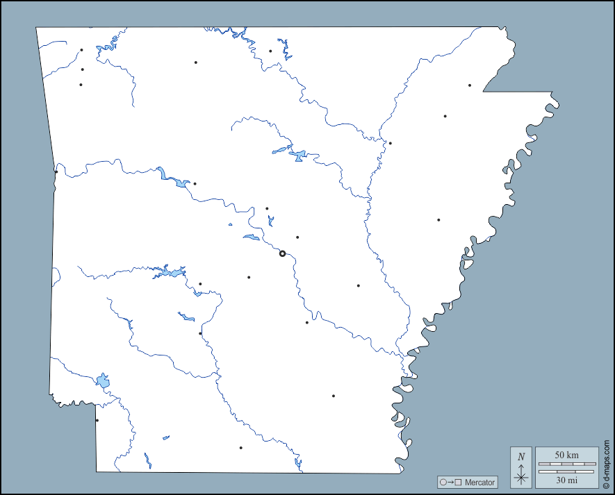 Arkansas : d-maps.com: mappa gratuita, mappa muta gratuita, cartina muta gratuita : contorni, idrografia, principali città