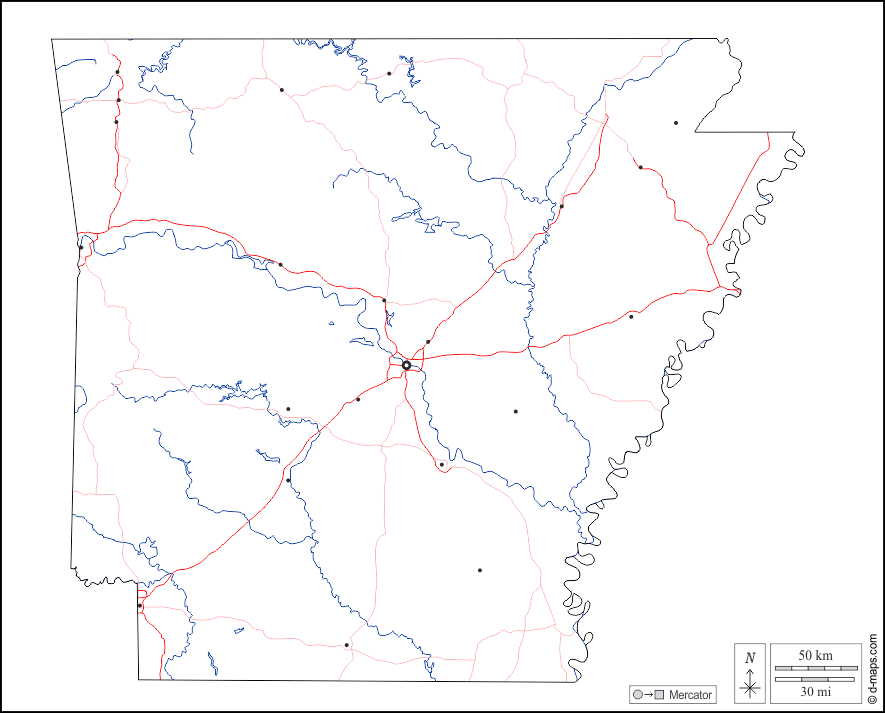 Arkansas : d-maps.com: mappa gratuita, mappa muta gratuita, cartina muta gratuita : contorni, idrografia, principali città, strade, bianco