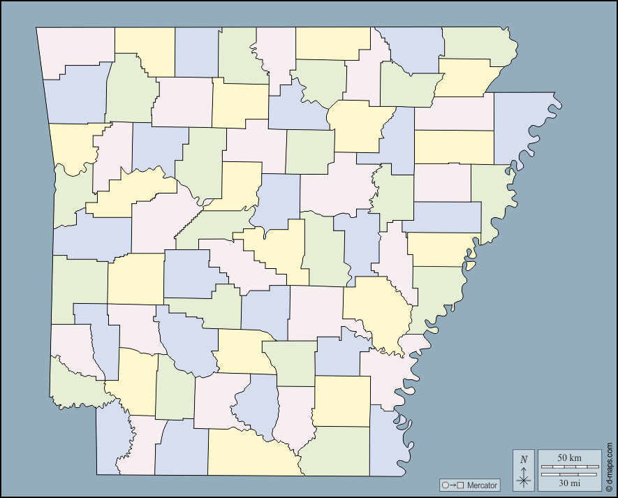 Arkansas : d-maps.com: mappa gratuita, mappa muta gratuita, cartina muta gratuita : contorni, contee, colore