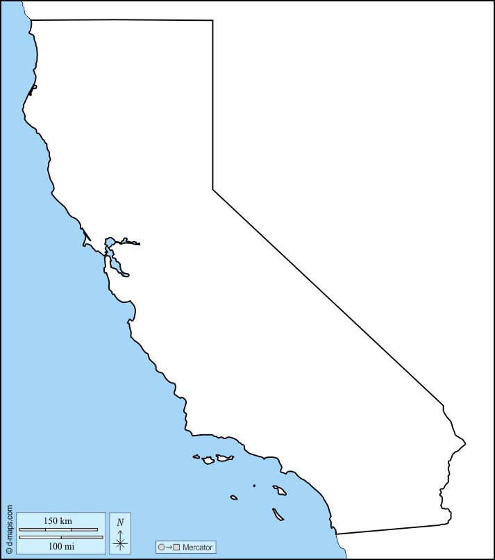 California : d-maps.com: mappa gratuita, mappa muta gratuita, cartina muta gratuita : litorali, limiti