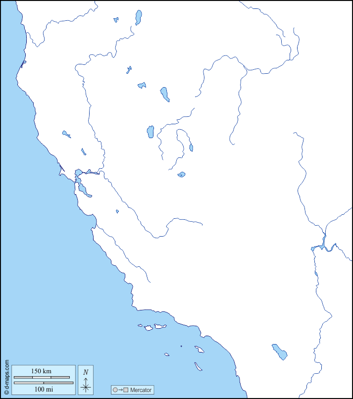 California : d-maps.com: mappa gratuita, mappa muta gratuita, cartina muta gratuita : litorali, idrografia