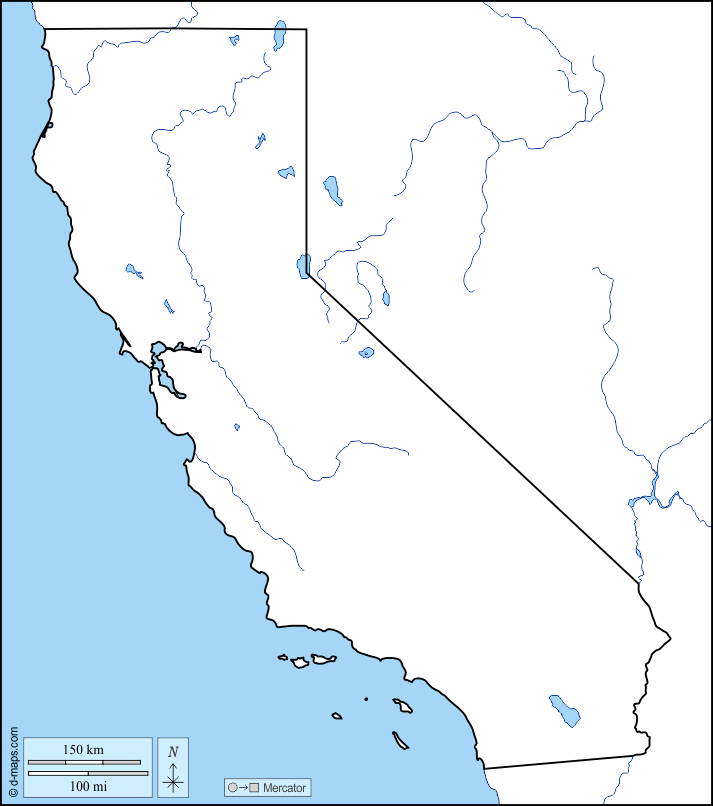 California : d-maps.com: mappa gratuita, mappa muta gratuita, cartina muta gratuita : litorali, limiti, idrografia