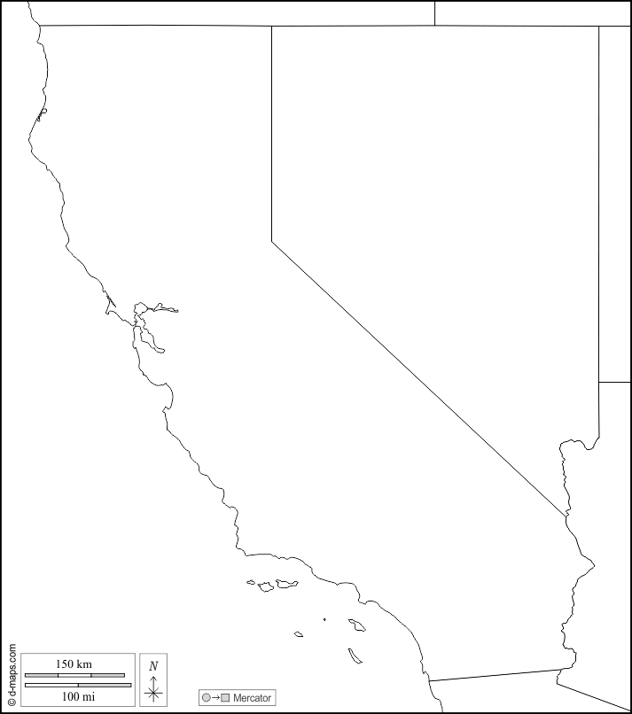 California : d-maps.com: mappa gratuita, mappa muta gratuita, cartina muta gratuita : frontiere, bianco