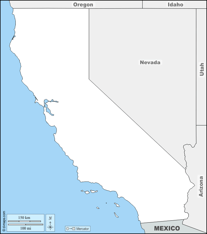 California : d-maps.com: mappa gratuita, mappa muta gratuita, cartina muta gratuita : frontiere, nomi
