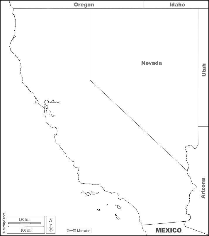 California : d-maps.com: mappa gratuita, mappa muta gratuita, cartina muta gratuita : frontiere, nomi, bianco