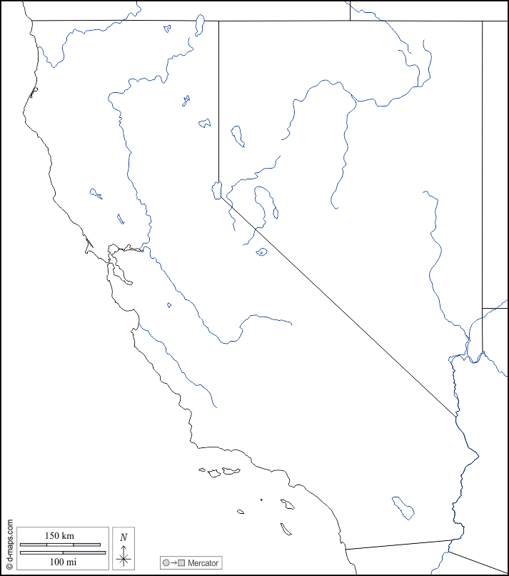 California : d-maps.com: mappa gratuita, mappa muta gratuita, cartina muta gratuita : frontiere, idrografia, bianco
