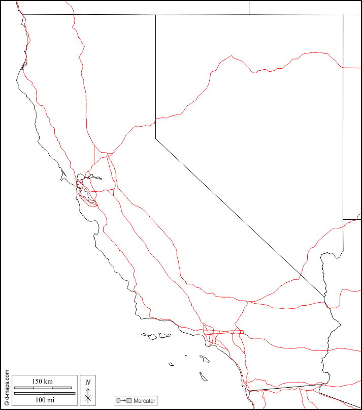 California : d-maps.com: mappa gratuita, mappa muta gratuita, cartina muta gratuita : frontiere, strade, bianco