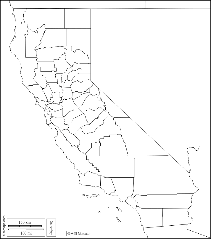 California : d-maps.com: mappa gratuita, mappa muta gratuita, cartina muta gratuita : frontiere, contee, bianco