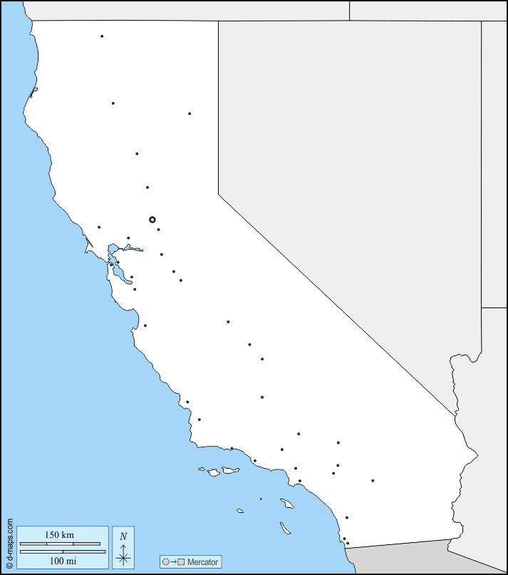 California : d-maps.com: mappa gratuita, mappa muta gratuita, cartina muta gratuita : frontiere, principali città