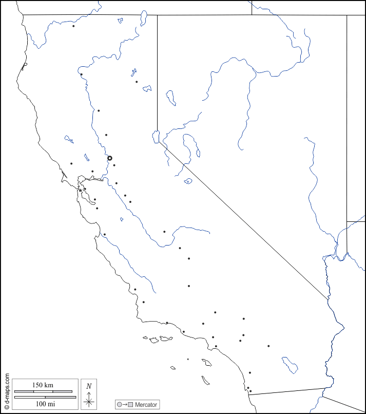 California : d-maps.com: mappa gratuita, mappa muta gratuita, cartina muta gratuita : frontiere, idrografia, principali città, bianco