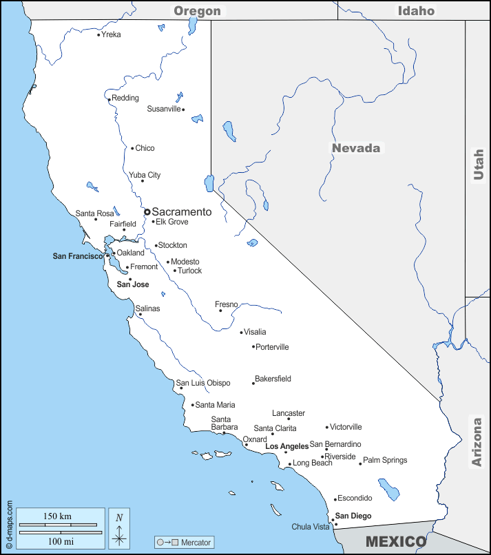 California : d-maps.com: mappa gratuita, mappa muta gratuita, cartina muta gratuita : frontiere, idrografia, principali città, nomi