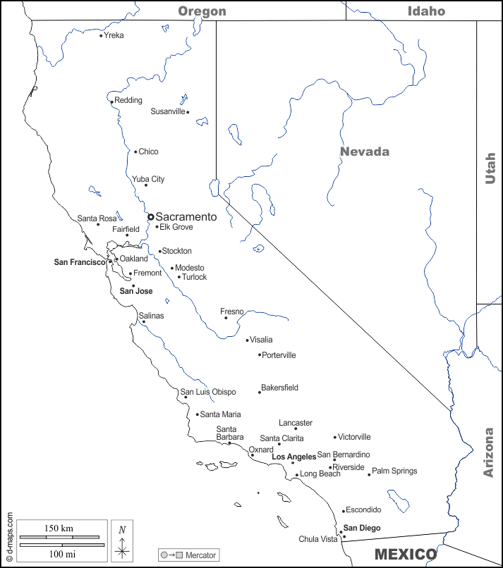 California : d-maps.com: mappa gratuita, mappa muta gratuita, cartina muta gratuita : frontiere, idrografia, principali città, nomi, bianco