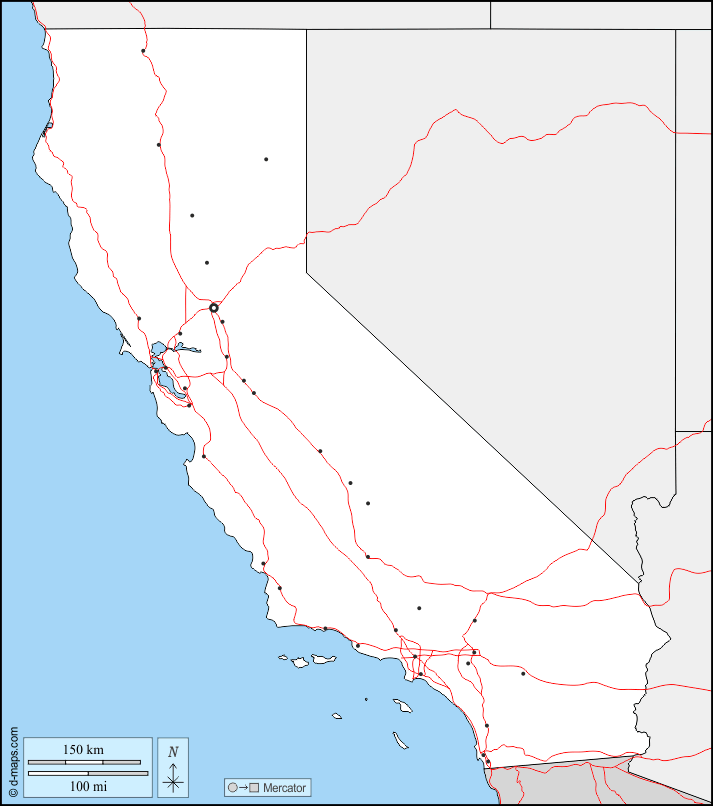 Kalifornien : d-maps.com: Kostenlose Karten, kostenlose stumme Karte, kostenlose unausgefüllt Landkarte, kostenlose hochauflösende Umrisskarte : Grenzen, Wichtige Städte, Straßen