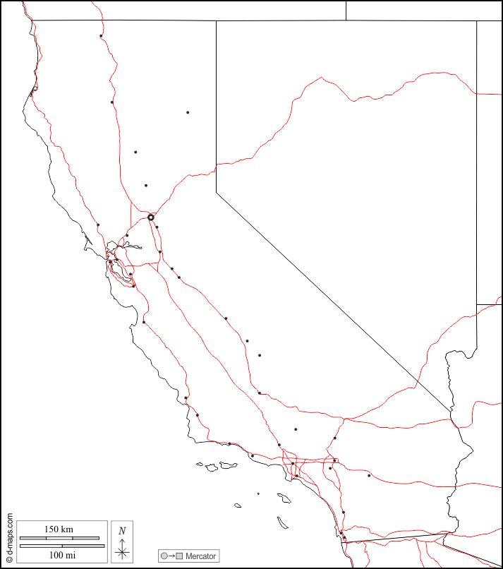 California : d-maps.com: mappa gratuita, mappa muta gratuita, cartina muta gratuita : frontiere, principali città, strade, bianco