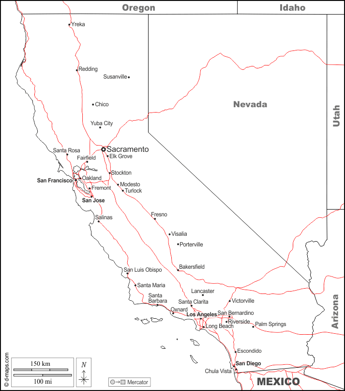 California : d-maps.com: mappa gratuita, mappa muta gratuita, cartina muta gratuita : frontiere, principali città, strade, nomi, bianco