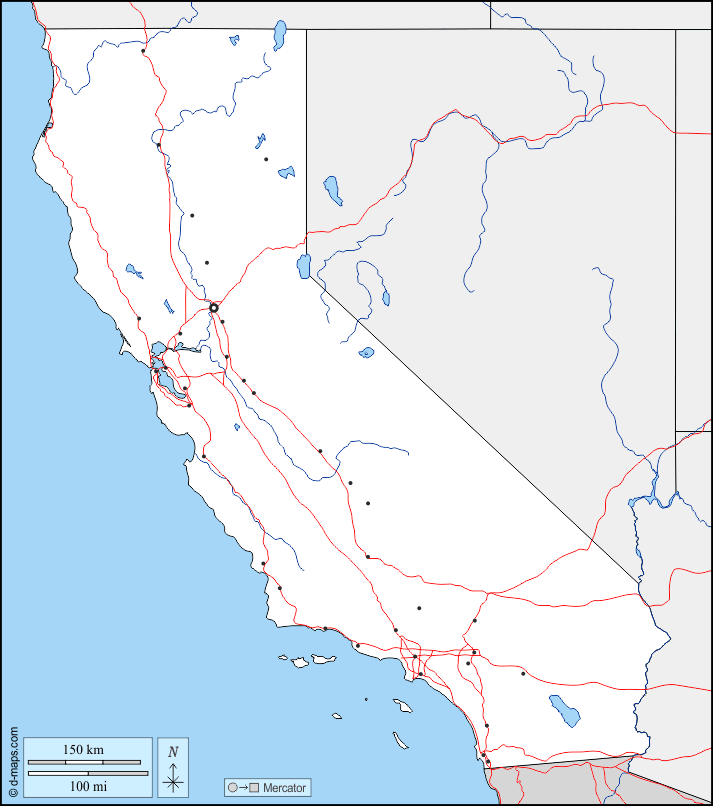 California : d-maps.com: mappa gratuita, mappa muta gratuita, cartina muta gratuita : frontiere, idrografia, principali città, strade