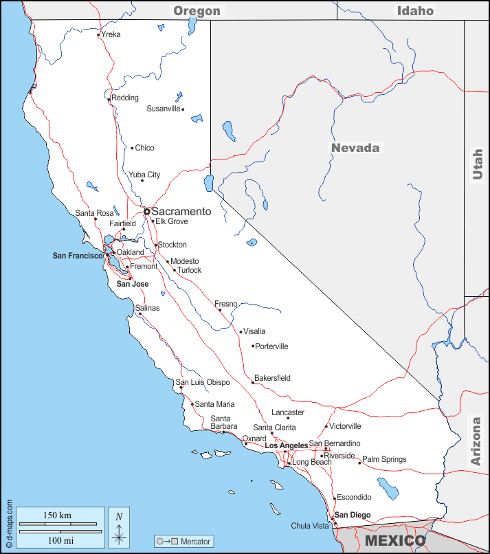 California : d-maps.com: mappa gratuita, mappa muta gratuita, cartina muta gratuita : frontiere, idrografia, principali città, strade, nomi