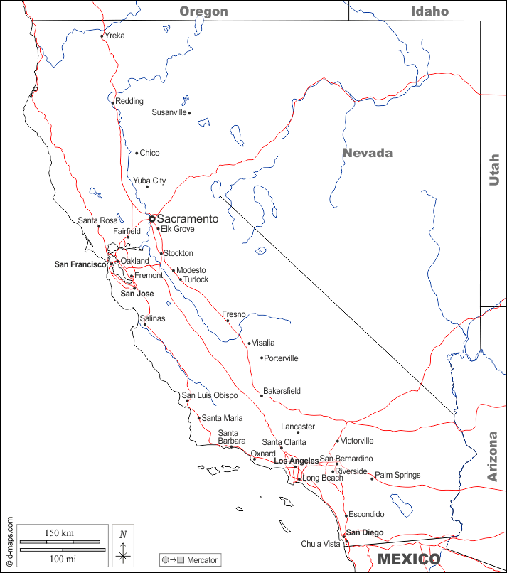 California : d-maps.com: mappa gratuita, mappa muta gratuita, cartina muta gratuita : frontiere, idrografia, principali città, strade, nomi, bianco