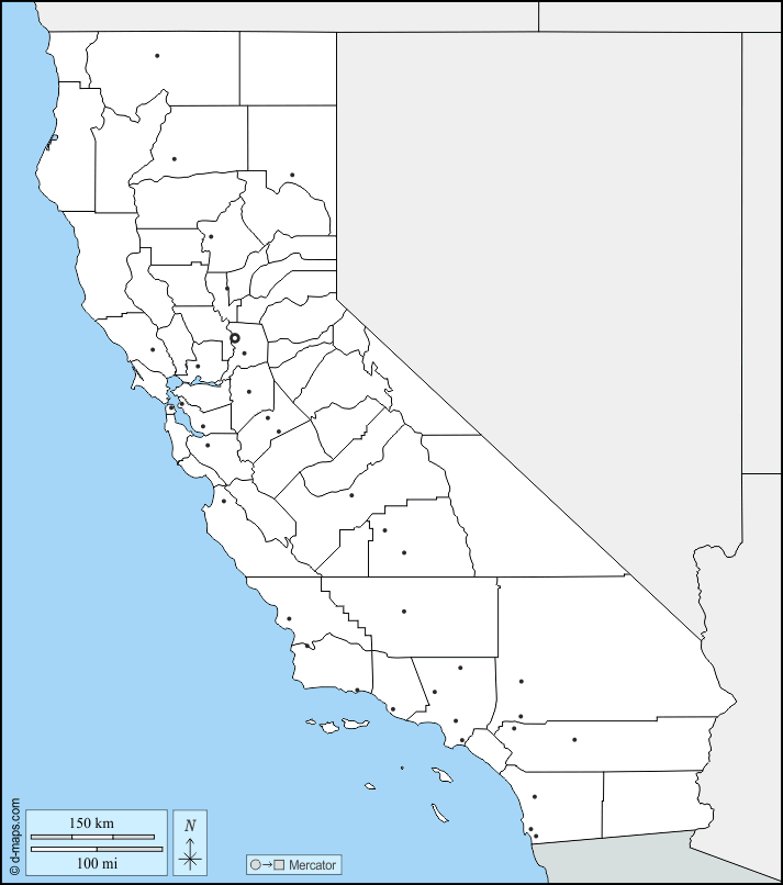 California : d-maps.com: mappa gratuita, mappa muta gratuita, cartina muta gratuita : frontiere, contee, principali città