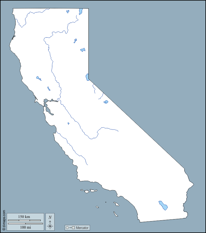 California : d-maps.com: mappa gratuita, mappa muta gratuita, cartina muta gratuita : contorni, idrografia