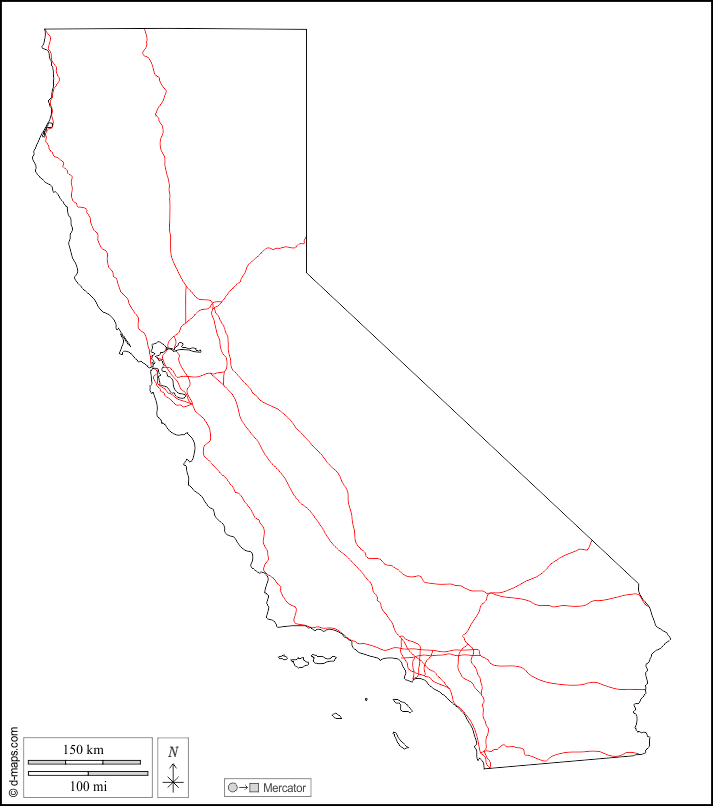 California : d-maps.com: mappa gratuita, mappa muta gratuita, cartina muta gratuita : contorni, strade, bianco