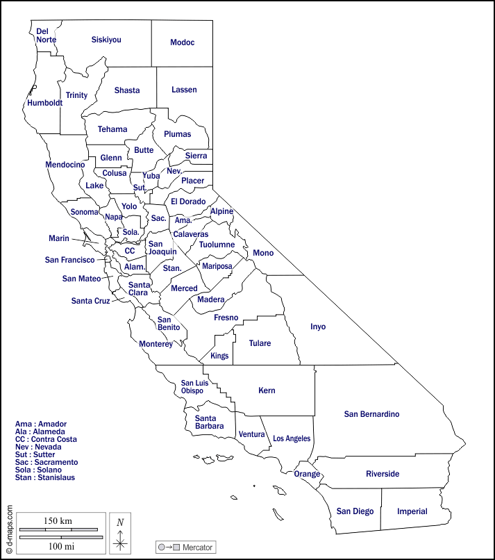 California : d-maps.com: mappa gratuita, mappa muta gratuita, cartina muta gratuita : contorni, contee, nomi, bianco
