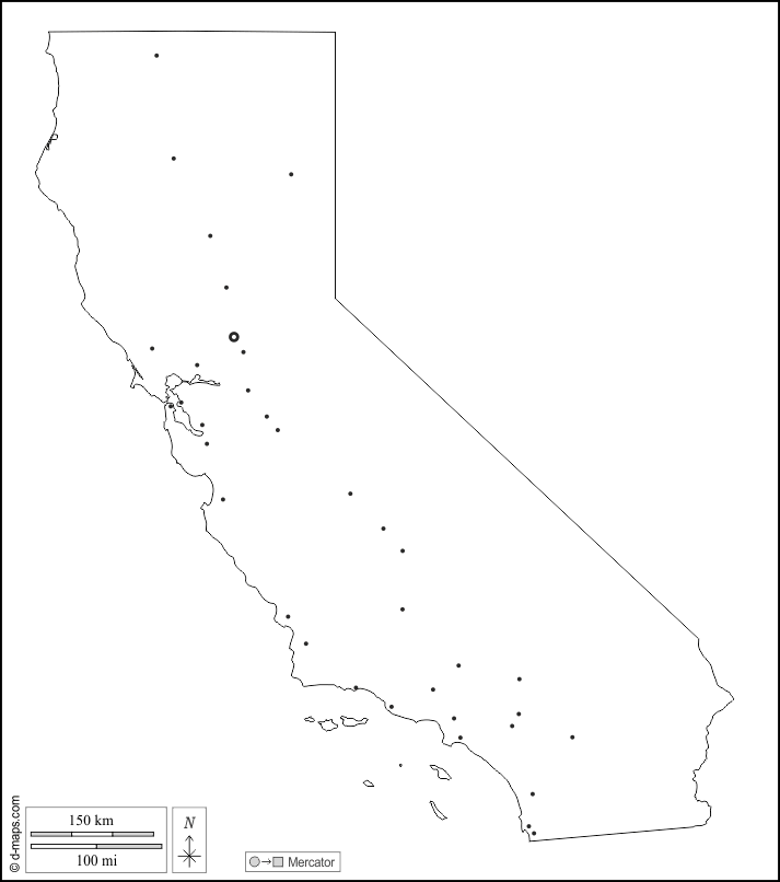 California : d-maps.com: mappa gratuita, mappa muta gratuita, cartina muta gratuita : contorni, principali città, bianco