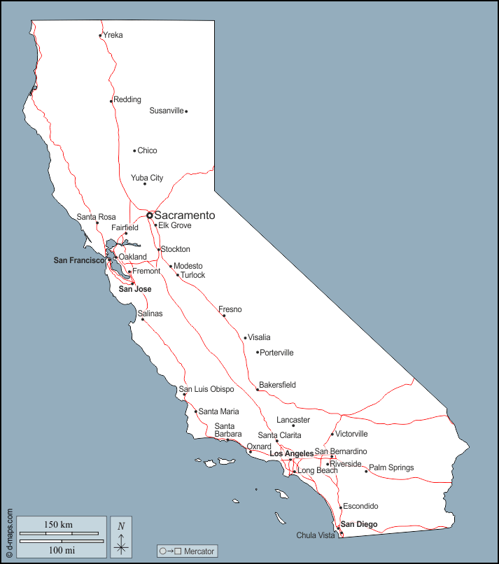 California : d-maps.com: mappa gratuita, mappa muta gratuita, cartina muta gratuita : contorni, principali città, strade, nomi