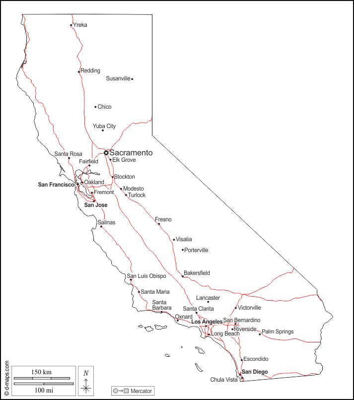 California : d-maps.com: mappa gratuita, mappa muta gratuita, cartina muta gratuita : contorni, principali città, strade, nomi, bianco