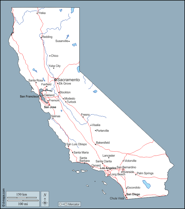 California : d-maps.com: mappa gratuita, mappa muta gratuita, cartina muta gratuita : contorni, idrografia, principali città, strade, nomi