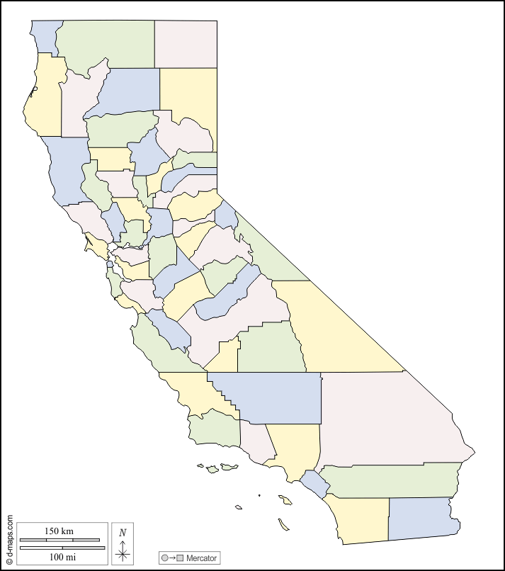 California : d-maps.com: mappa gratuita, mappa muta gratuita, cartina muta gratuita : contorni, contee, colore, bianco