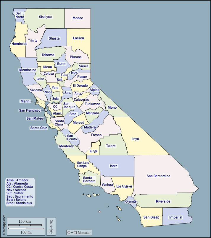 California : d-maps.com: mappa gratuita, mappa muta gratuita, cartina muta gratuita : contorni, contee, nomi, colore