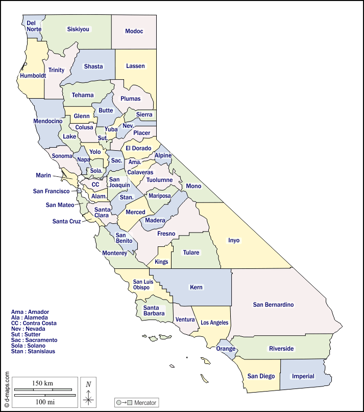 California : d-maps.com: mappa gratuita, mappa muta gratuita, cartina muta gratuita : contorni, contee, nomi, colore, bianco