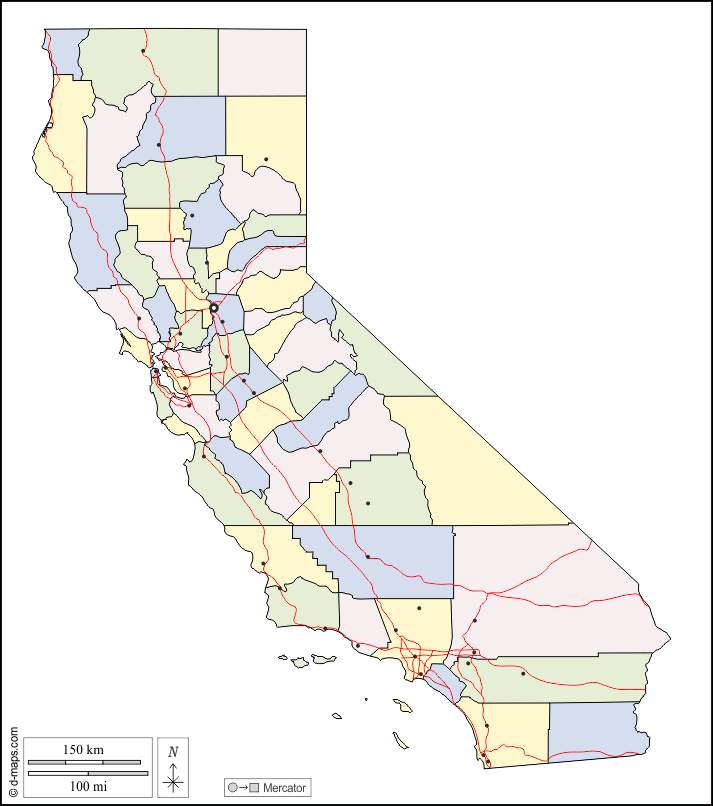 California : d-maps.com: mappa gratuita, mappa muta gratuita, cartina muta gratuita : contorni, contee, principali città, strade, colore, bianco