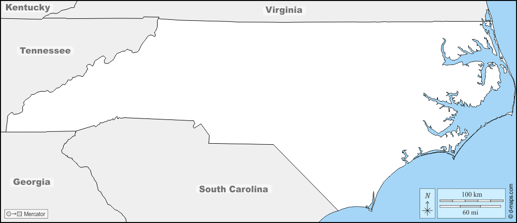 Carolina del Nord : d-maps.com: mappa gratuita, mappa muta gratuita, cartina muta gratuita : frontiere, nomi