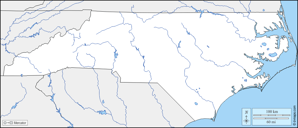 Carolina del Nord : d-maps.com: mappa gratuita, mappa muta gratuita, cartina muta gratuita : frontiere, idrografia