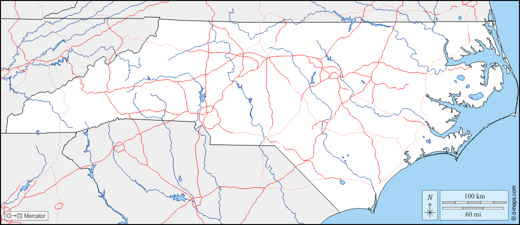Carolina del Nord : d-maps.com: mappa gratuita, mappa muta gratuita, cartina muta gratuita : frontiere, idrografia, strade