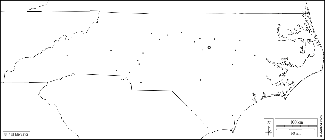 Carolina del Nord : d-maps.com: mappa gratuita, mappa muta gratuita, cartina muta gratuita : frontiere, principali città, bianco