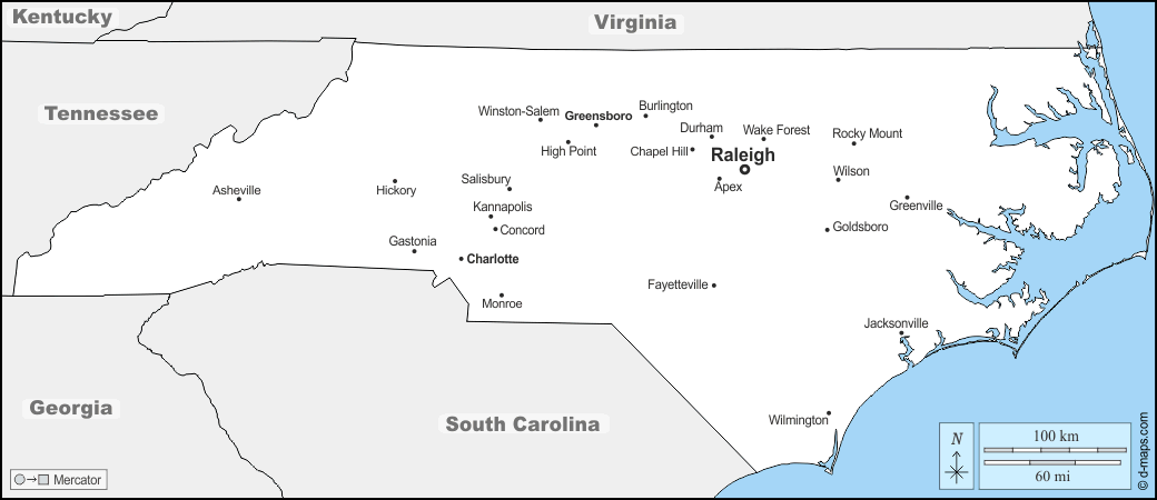 Carolina del Nord : d-maps.com: mappa gratuita, mappa muta gratuita, cartina muta gratuita : frontiere, principali città, nomi