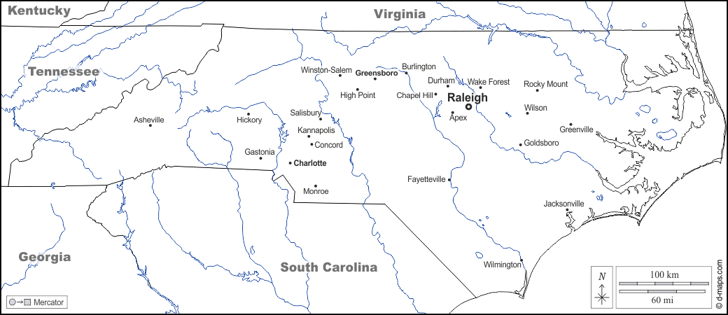 Carolina del Nord : d-maps.com: mappa gratuita, mappa muta gratuita, cartina muta gratuita : frontiere, idrografia, principali città, nomi, bianco