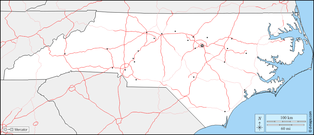 Carolina del Nord : d-maps.com: mappa gratuita, mappa muta gratuita, cartina muta gratuita : frontiere, principali città, strade