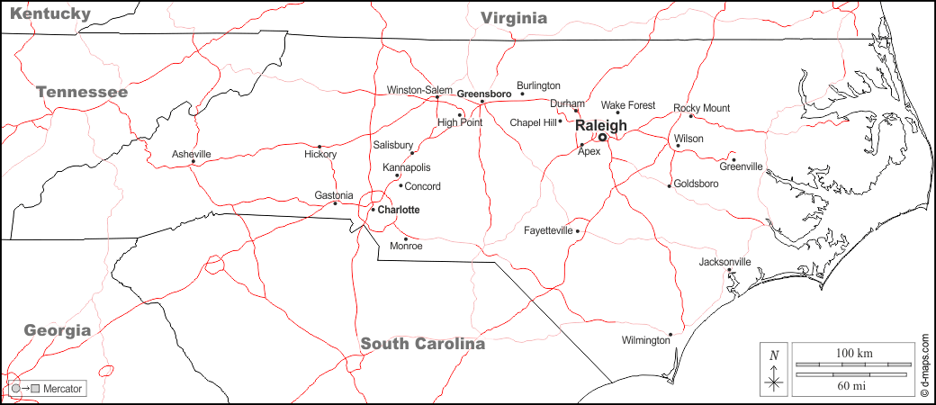 Carolina del Nord : d-maps.com: mappa gratuita, mappa muta gratuita, cartina muta gratuita : frontiere, principali città, strade, nomi, bianco
