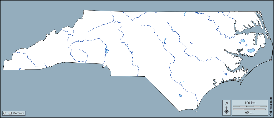 Carolina del Nord : d-maps.com: mappa gratuita, mappa muta gratuita, cartina muta gratuita : contorni, idrografia