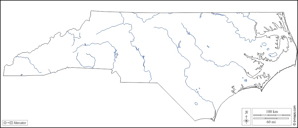 Carolina del Nord : d-maps.com: mappa gratuita, mappa muta gratuita, cartina muta gratuita : contorni, idrografia, bianco