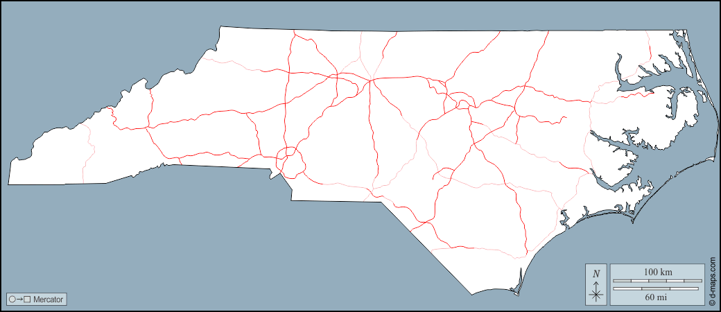 Carolina del Nord : d-maps.com: mappa gratuita, mappa muta gratuita, cartina muta gratuita : contorni, strade