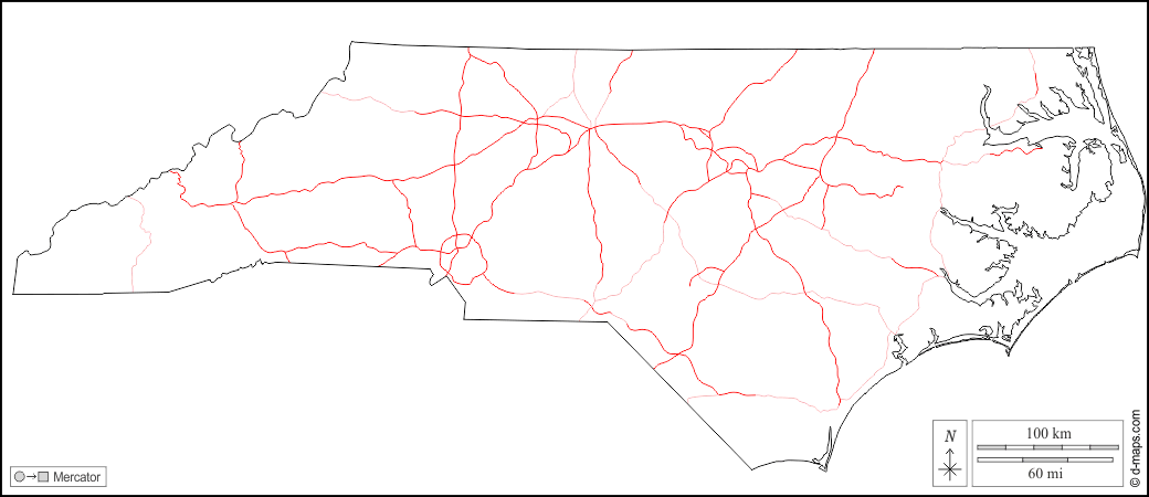 Carolina del Nord : d-maps.com: mappa gratuita, mappa muta gratuita, cartina muta gratuita : contorni, strade, bianco