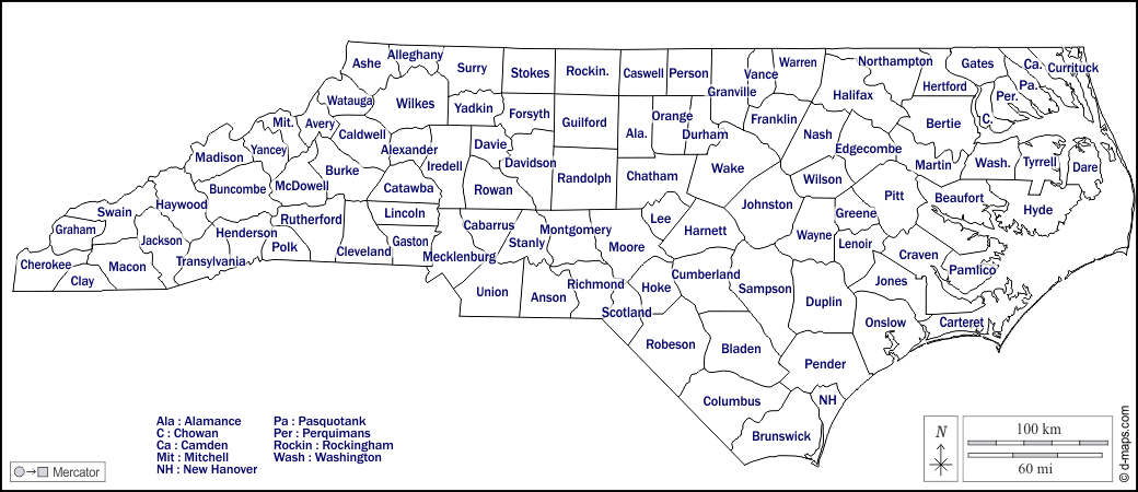 Carolina del Nord : d-maps.com: mappa gratuita, mappa muta gratuita, cartina muta gratuita : contorni, contee, nomi, bianco